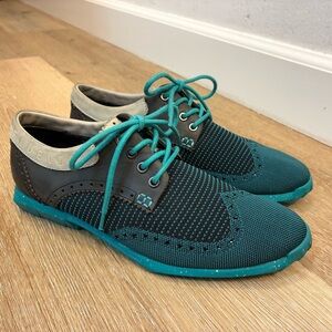 John Fluevog Orbit Knit Wingtip Derby Teal Blue “Decide Well Today” Men’s Size 6